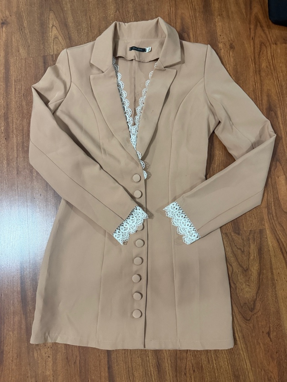 Tan Lace-Trim Button Front Blazer Dress